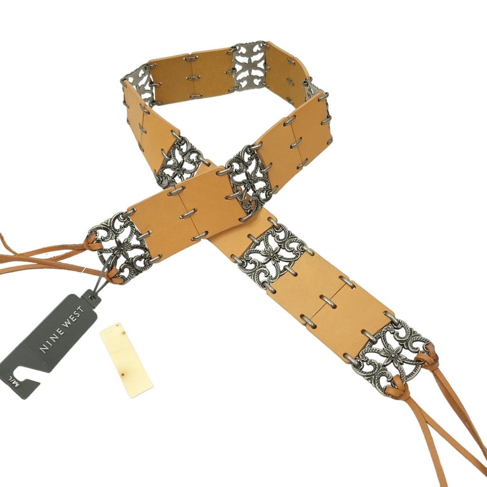 Nine West Brown Fringe Belt READ Metal Detail Vintage Size M/L Western Boho